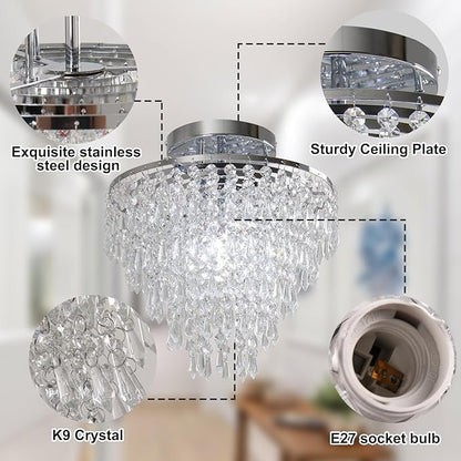 FRIXCHUR 11.8" Crystal Chandelier Chrome Flush Mount Ceiling Light 5 Tiers Raindrops Silver Chandeliers for Bedroom Hallway Living Room, E26 Base