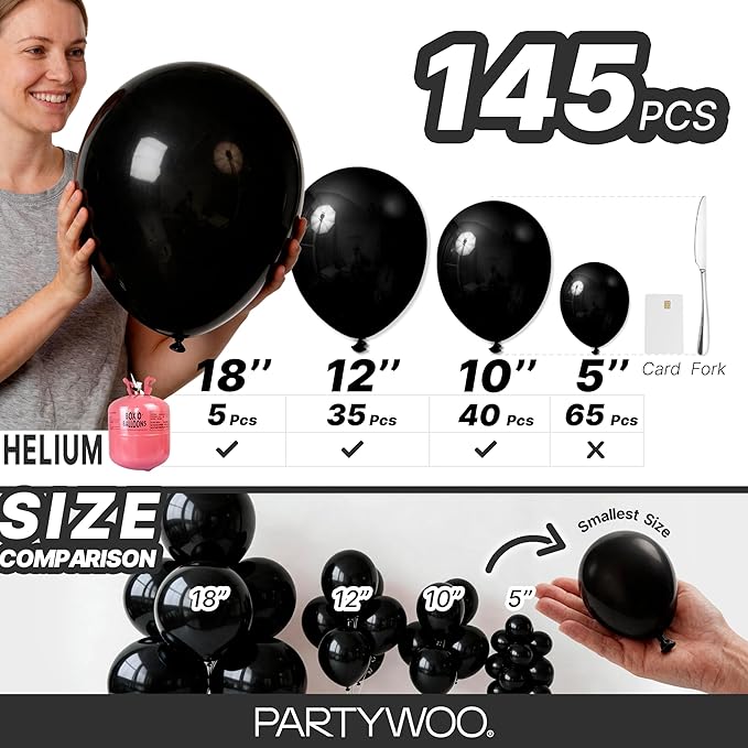 PartyWoo Black Balloons 145 pcs Different Sizes of 18 12 10 5 Inch Black Balloons Arch Kit Garland for Baby Shower Birthday Graduation Casino Gaming Anniversary Race Car Party Decorations Black-Y18
