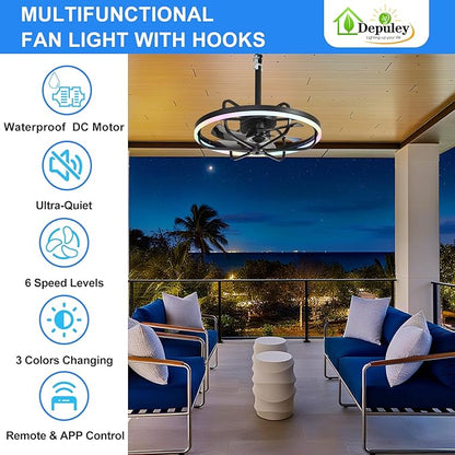 Depuley 20" Outdoor Ceiling Fan with Light: RGB Waterproof Gazebo Hanging Fan with Remote App Control - Dimmable Plug in Caged outdoor Ceiling Fans for patios Porch 6 Speeds