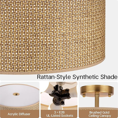 13" Woven Rattan Boho Ceiling Light Fixture, 3-Light Modern Semi Flush Mount Lamp with Drum Fabric Shade, Rustic Brown Lighting for Bedroom, Dining Room, Living Room, Hallway, Entryway