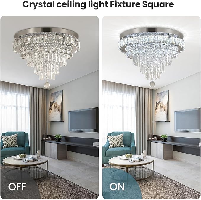 FRIXCHUR 17.7" LED Crystal Chandelier Modern Crystal Ceiling Light Fixture Large Flush Mount Chandeliers Ceiling Lighting for Living Room Bedroom Kitchen (6500K Cool White)