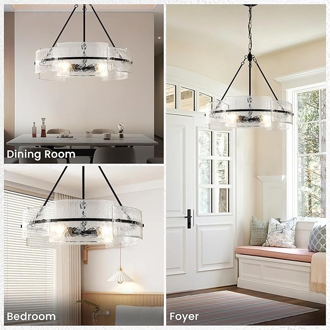 Modern Dining Room Chandelier 22” Black Textured Glass Chandelier Luxury Drum Crystal Light Fixture Farmhouse Round Hanging Lighting for Dining Room Kitchen Island Living Room Hallway Bedroom