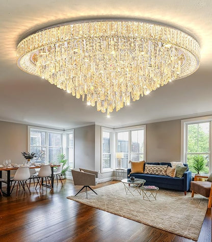 47" Modern Chandeliers LED Dimmable Crystal Flush Mount Ceiling Chandeliers for Living Room High Ceiling Entrance Foyer Lobby Bedroom Silver
