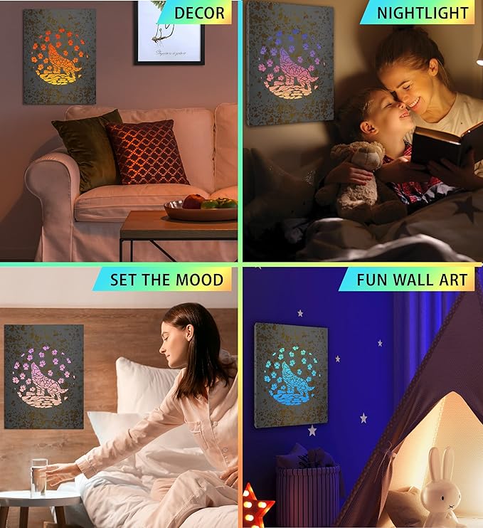 CoTa Global Wolf Light Up LED Wall Art - Fun Changing Color LED Light Up Picture Art for Bedroom, Modern Wall Hang Living Room Art, House Decor Art Design, Wolf Wall Art Nightlight - 16x12 Inches