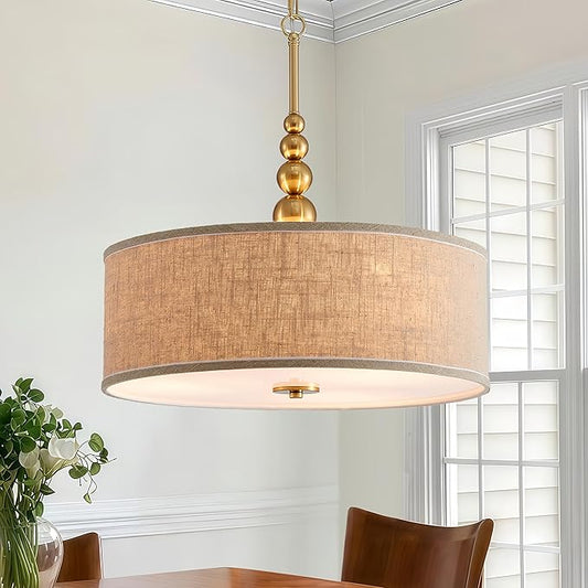 Shrine Lighting Drum Chandeliers, Farmhouse Style, Perfect Drum Pendant Light for Dining Room, D20'' x H7'', Adjustable Chains 59'', E26*3 Sockets, Beige Linen Fabric Lampshade & Gold Rod
