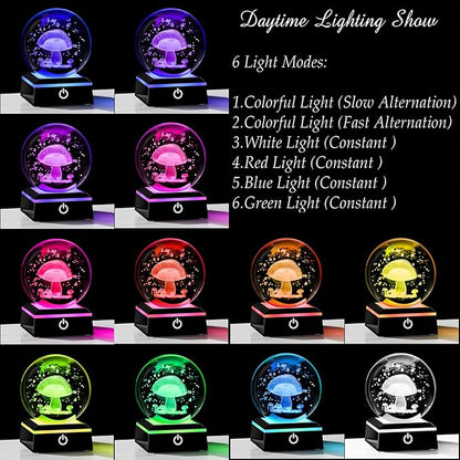 Qianwei 3D Crystal Ball Night Light - 3.14'' Mushroom Decor Glass Plants Lamp Figurines Statue for Room Decoration