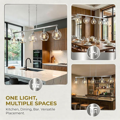 Kitchen Island Linear Pendant Light, 5-Light Modern Chandelier with Clear Glass Globe Shades, Linear Lighting Fixture Over Dining Table, Brushed Nickel