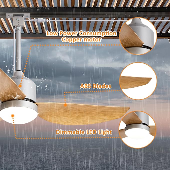 Depuley Outdoor Ceiling Fan with Light: 42 Inch Nickel Waterproof Gazebo Fans with Lights Outdoor Hanging - Plug in Remote App Control for Patio Indoor Farmhouse Porch - 6 Speed Reversible DC Motor