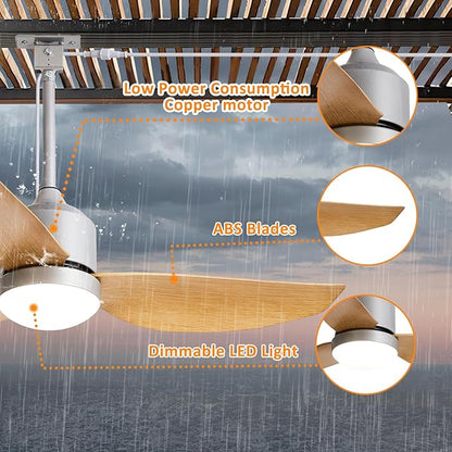 Depuley Outdoor Ceiling Fan with Light: 42 Inch Nickel Waterproof Gazebo Fans with Lights Outdoor Hanging - Plug in Remote App Control for Patio Indoor Farmhouse Porch - 6 Speed Reversible DC Motor