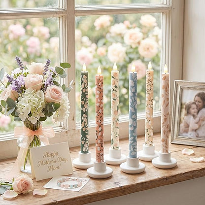 Honoson 6 Pcs Mother's Day Flameless Taper Candles 10.6 Inch Pastel Spring Flower Candles Battery Operated LED Candlesticks for Mother's Day Dinner Table Home Party Decor