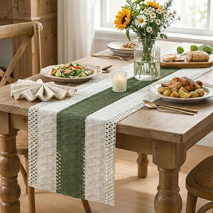 Artoid Mode Army Green Farmhouse Rustic Table Runner, Seasonal Holiday Hollow Kitchen Dining Table Decoration for Home Party Decor 12x90 Inch