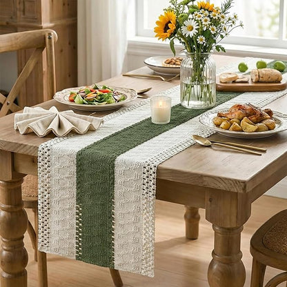 Artoid Mode Army Green Farmhouse Rustic Table Runner, Seasonal Holiday Hollow Kitchen Dining Table Decoration for Home Party Decor 12x90 Inch