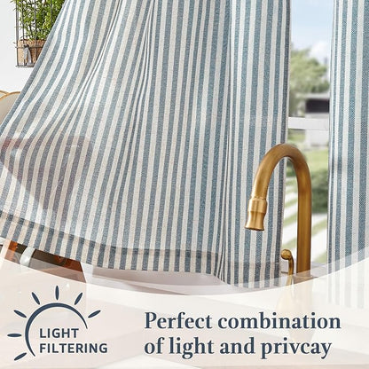 jinchan Striped Linen Kitchen Curtains 20 Inches Length Tier Curtains Farmhouse Modern Cafe Style Small Window Treatments Airy Light Filtering Rod Pocket for Living Room Bathroom 2 Panels Blue