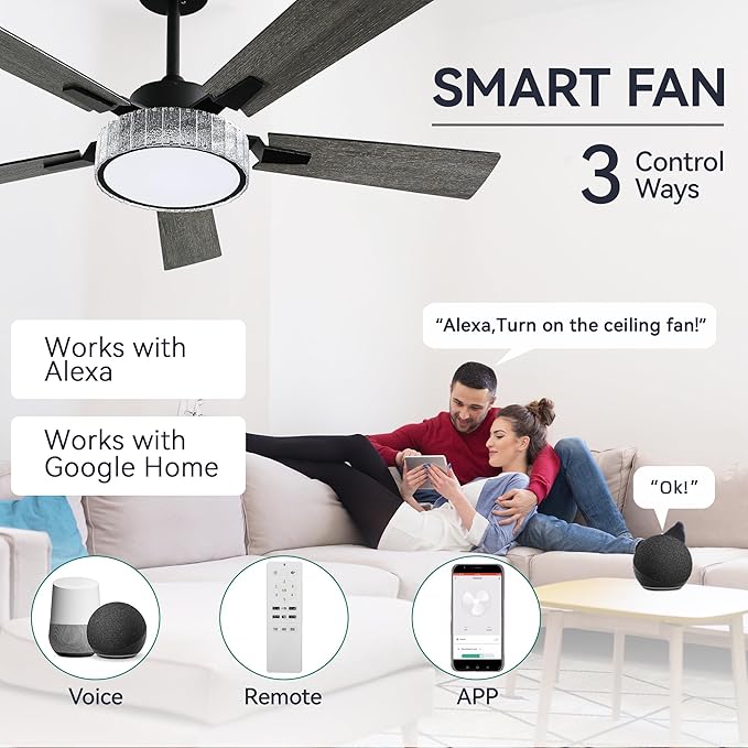 YITAHOME 52 Inch Chandelier Ceiling Fans with Lights and Remote/App, Smart Black Ceiling Fans Compatible with Alexa, Reversible Quiet DC Motor, Dual Finish Blades, Dimmable Lighting for Living Room