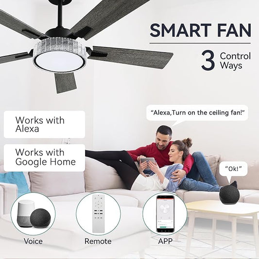 YITAHOME 52 Inch Chandelier Ceiling Fans with Lights and Remote/App, Smart Black Ceiling Fans Compatible with Alexa, Reversible Quiet DC Motor, Dual Finish Blades, Dimmable Lighting for Living Room