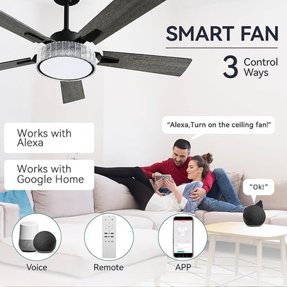 YITAHOME 52 Inch Chandelier Ceiling Fans with Lights and Remote/App, Smart Black Ceiling Fans Compatible with Alexa, Reversible Quiet DC Motor, Dual Finish Blades, Dimmable Lighting for Living Room