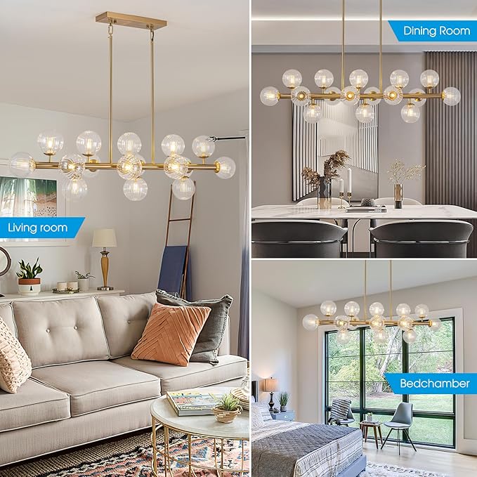 Gold Linear Rectangle Chandelier Modern Chandelier Glass Pendant Light Fixture Adjustable for Dining Living Room Kitchen Island 16-Light