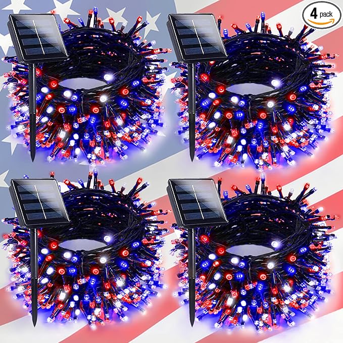 4th of July Decorations Outdoor, 4pk Red White and Blue Solar String Lights, 8 Modes 400LED 132FT Solar Fairy Twinkle Lights Waterproof for Independence Day Garden Tree 250 Anniversary USA Decoration