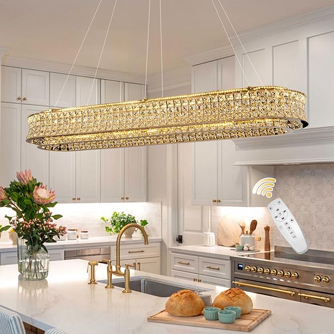 47" LED Rectangle Gold Crystal Chandeliers for Dining Room, Luxury, Rectangular Modern Crystal Oval Kitchen Chandelier, Dimmable LED with Remote, for Dining Room, Kitchen Island