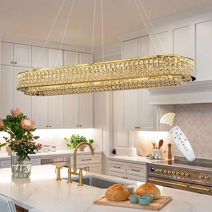 47" LED Rectangle Gold Crystal Chandeliers for Dining Room, Luxury, Rectangular Modern Crystal Oval Kitchen Chandelier, Dimmable LED with Remote, for Dining Room, Kitchen Island