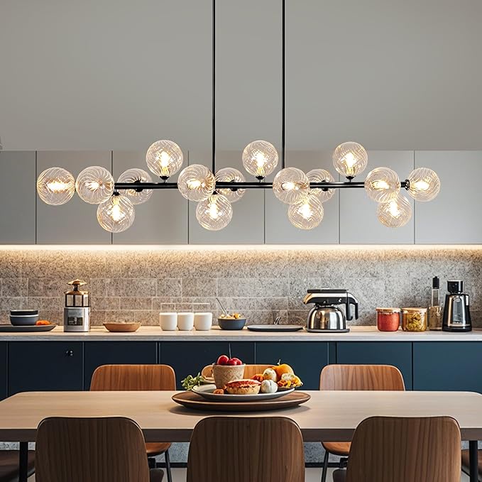 16-Light Linear Chandelier,55" Black Sputnik Chandeliers Clear Globe Modern Chandeliers for Dining Room Light Long Large Chandelier Sputnik Ceiling Light Fixture Pendant Lights Kitchen Island