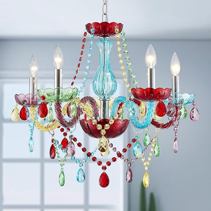 5-Lights Children Chandeliers, Modern Candy Design, Colorful Crystal Chandeliers for Bedroom, Dining Room, D22.8'' × H33.5'', Adjustable Height (33.5"~70.9"), Youth Color & Chrome Finish Frame