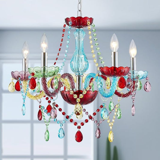 5-Lights Children Chandeliers, Modern Candy Design, Colorful Crystal Chandeliers for Bedroom, Dining Room, D22.8'' × H33.5'', Adjustable Height (33.5"~70.9"), Youth Color & Chrome Finish Frame