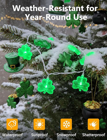 8.5Ft Shamrock String Lights Outdoor, St Patricks Day Decorations Lights with 10 LED Green Clover Lights, Plug in Shamrock Fairy Light for Window Patio Garden Party Irish St. Patricks Day, White Wire