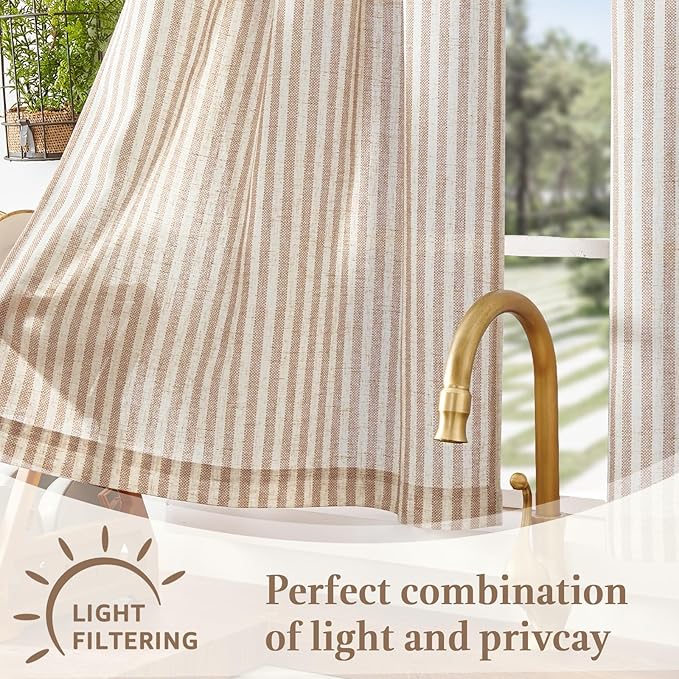 jinchan Striped Linen Kitchen Curtains 20 Inches Length Tier Curtains Farmhouse Modern Cafe Style Small Window Treatments Airy Light Filtering Rod Pocket for Living Room Bathroom 2 Panels Tan