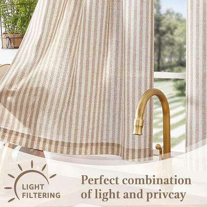 jinchan Striped Linen Kitchen Curtains 20 Inches Length Tier Curtains Farmhouse Modern Cafe Style Small Window Treatments Airy Light Filtering Rod Pocket for Living Room Bathroom 2 Panels Tan