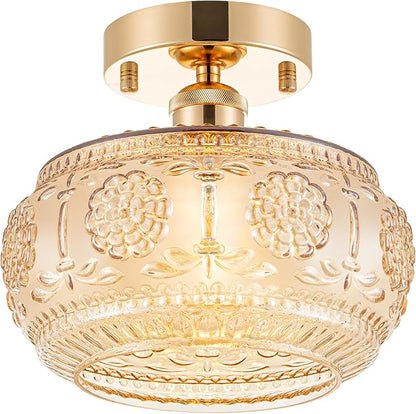 Semi Flush Mount Ceiling Light - French Gold Finish & Amber Floral Glass Shade, Vintage Modern Lighting for Bathroom, Kitchen, Bedroom (Bulb Not Included)