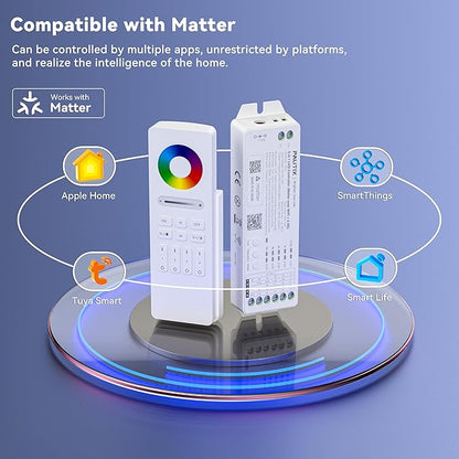PAUTIX Matter WiFi LED Controller Kit ML5 Compatible with Tuya APP/Homekit/Smart Life/Alexa/Google Home/Siri, DC12-48V Dimmable with RF Remote for Single Color/CCT/RGB/RGBW/RGBCCT LED Strip Lights
