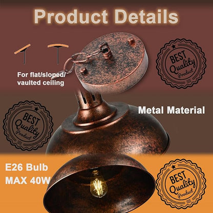 TAKEGO 16.14" 2 Pack Large Pendant Lights, Dome Copper Pendant Light, Farmhouse Hanging Light Kitchen Island, Vintage Pendant Lights Rustic Light Fixtures, Hanging Ceiling Lamp for Kitchen Island