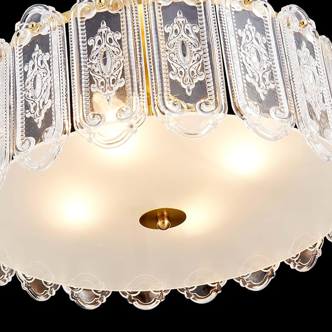 4-Lights Luxury Glass Chandelier, Mid-Century Modern Style for Dining Room, Living Room, Bedroom, D16.5'' × H10.6'', Adjustable Height (10.6"~51.4"), Gold Finish Frame & Figured Glass Shade