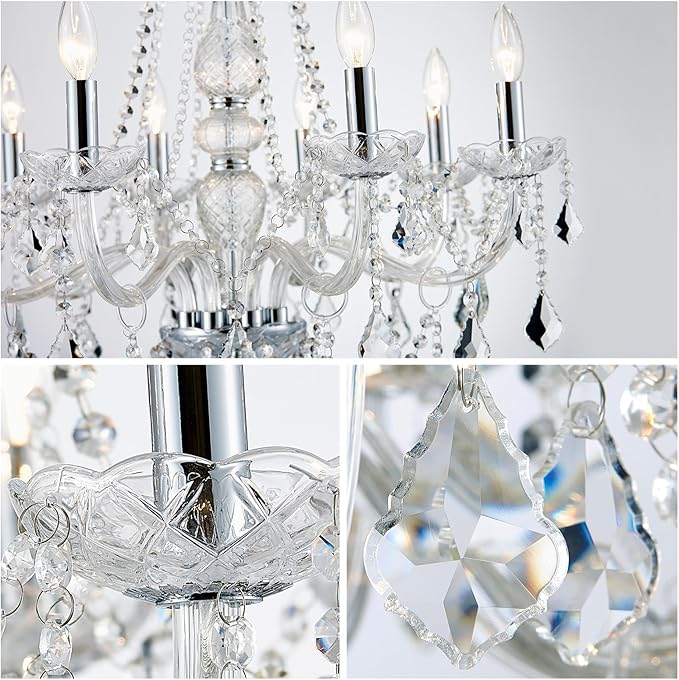 WUZUPS 8-Light Crystal Candle Chandelier Pendant Ceiling Light Modern Lighting Fixture for Bedroom Hallway Bar Kitchen Bathroom, H 35.4" W 27.6", E12 Base, Chrome