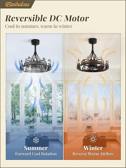 Fanbulous 20 Inch Farmhouse Rustic Ceiling Fan with Light and Remote, Black Chandelier Fan with Bear and Deer Design,Summer Sand Beach Design,Rustic Chandeliers for Living Room, Bedroom