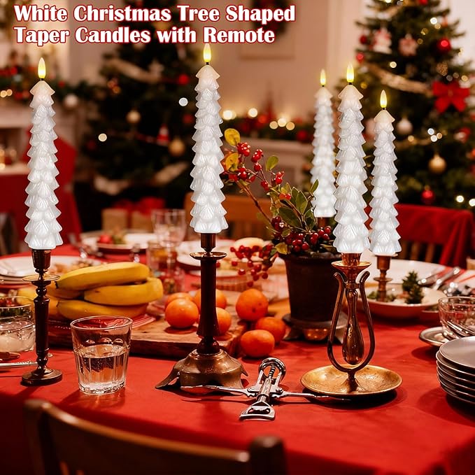 GenSwin Christmas Tree Flameless Candles with Remote Timer, White Christmas Tree LED Taper Candles with 3D Flickering Flame, 4 Pcs LED Candlesticks for Christmas Winter Home Decoration(0.78” x 9.8”)
