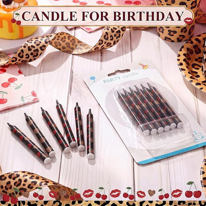 Conelist 12 Pcs Cheetah Cherry Themed Birthday Candles Cartoon Red Black Birthday Decorations Movie Cake Toppers for Themed Party Supplies