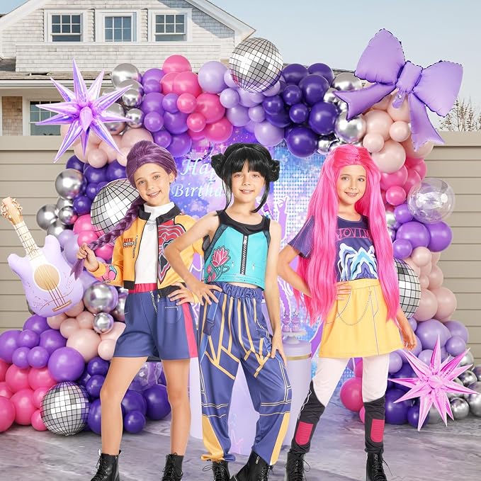 JOGAMS 171Pcs Kpop Balloons Arch Kit, Idol Stage Style Pink Purple Silver Disco Balloon Garland with Bow Guitar Star Music Note Foil Balloons for K-Pop Music Disco Theme Birthday Concert-Style Stage