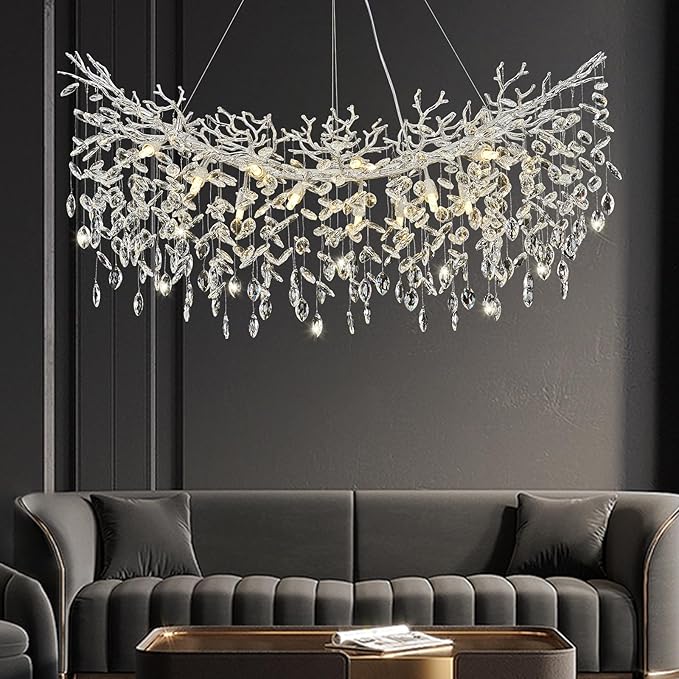 Modern Crystal Silver Chandelier, 47" Large Rectangular Tree Branch Chandeliers for Dining Room Over Table,Living Room,High Ceiling,Kitchen Island,Foyer,Staircase, Crystals Ceiling Light Fixtures