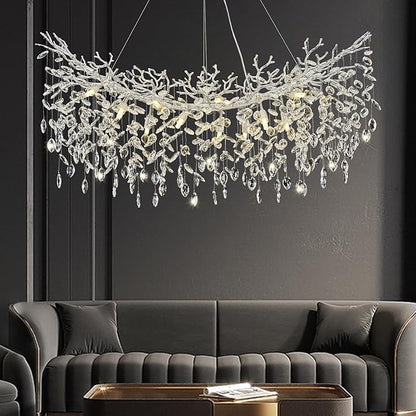 Modern Crystal Silver Chandelier, 47" Large Rectangular Tree Branch Chandeliers for Dining Room Over Table,Living Room,High Ceiling,Kitchen Island,Foyer,Staircase, Crystals Ceiling Light Fixtures
