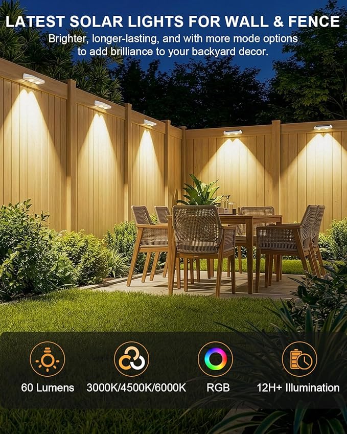 Solar Fence Lights Outdoor ,3000/4500/6000K 13 Mode, 2 Pack Fence Lights Solar Powered with Ultra-Bright Lens IP65 Waterproof,Solar Wall Light for Backyard/Step/Patio/Deck/Stair/Railings(White)