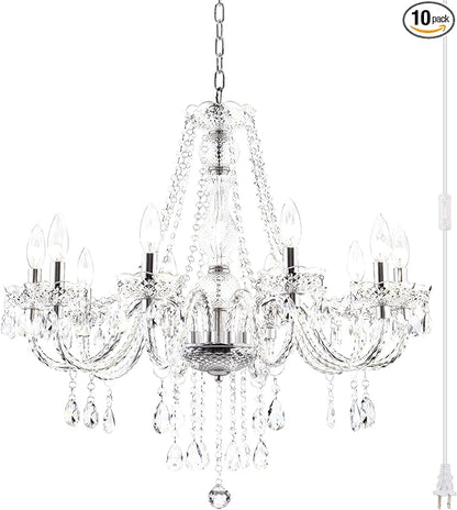 PAPAYA Plug in Crystal Chandeliers Clear Chandelier 25 * 27.5in 10-Light Modern Pendant Ceiling Lighting Fixture with Acrylic Crystals & Beads for Girls Room,Living Room,Kitchen Island,Entryway.