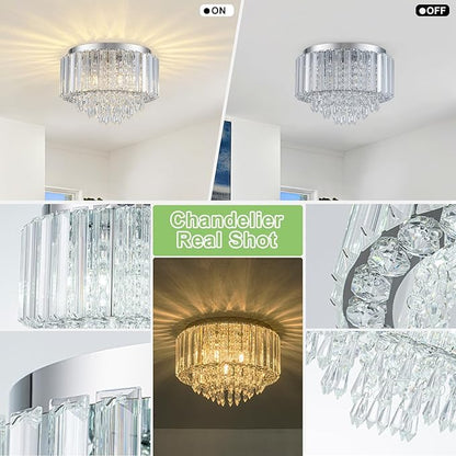 HOPGGIE 11.8 Inch Crystal Chandelier Modern Chandelier Light Mini Chandelier Semi Flush Mount Ceiling Light Fixture Small Chandelier for Bedroom Hallway Kitchen Foyer Closet (Chrome)