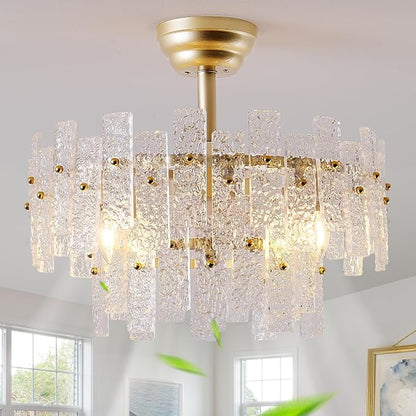 20" Gold Fandelier Ceiling Fan with Light,Gold Crystal Chandelier Ceiling Fans with Lights and Remote Control,Mid-Century Modern Caged with 6 Speeds for Living Room Bedroom Nursery
