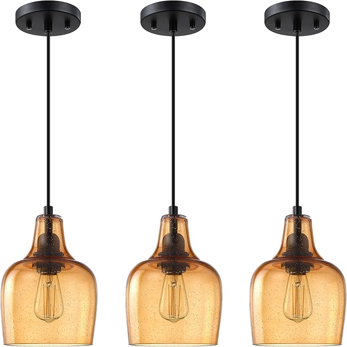 3 Pack 1 Light Indoor Hanging Kitchen Island Pendant Ceiling Light 6.1" Gold Glass Fixture,Black Finish for Farmhouse Over Sink Bedroom Hallway