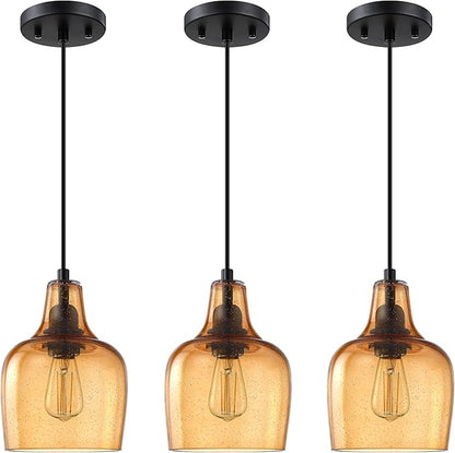 3 Pack 1 Light Indoor Hanging Kitchen Island Pendant Ceiling Light 6.1" Gold Glass Fixture,Black Finish for Farmhouse Over Sink Bedroom Hallway
