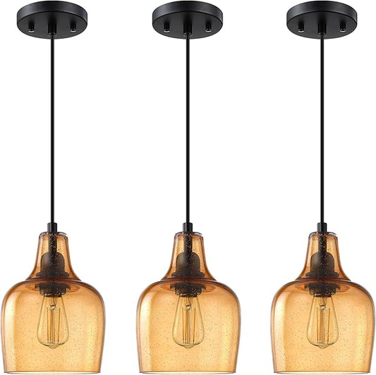3 Pack 1 Light Indoor Hanging Kitchen Island Pendant Ceiling Light 6.1" Gold Glass Fixture,Black Finish for Farmhouse Over Sink Bedroom Hallway