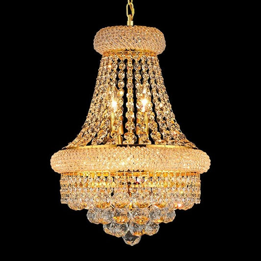 Crystal Chandeliers for Dining Room Light Fixtures Over Table, Empire Style K9 Crystal Chandelier for Living Room, 6 Lights Gold Luxury Lighting Fixtures for Bedroom Kitchen Island Entryway D15 Inch