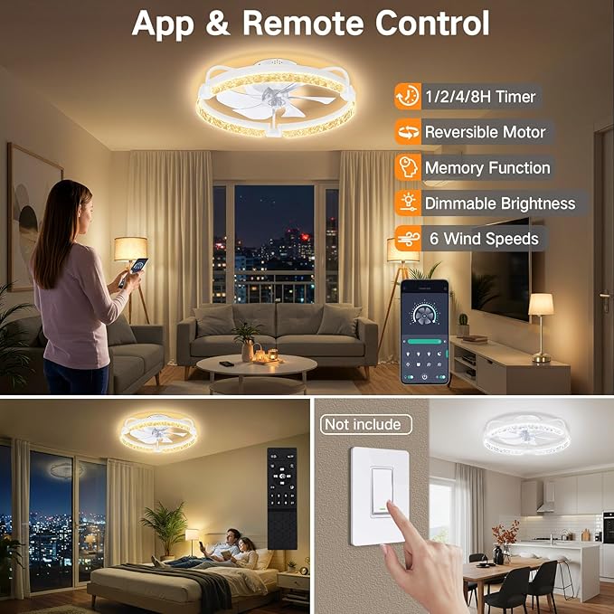 OUTON 20" Fandelier Low Profile Ceiling Fan with Light, Remote & App Control, Flush Mount Ceiling Fan with 3000K-6500K Stepless Dimmable, 6 Speed, Quiet DC Motor, Small Modern Fans for Bedroom White